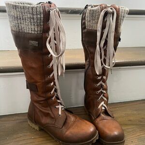 Brown Leather Lace-Up Boots with Knit Cuff